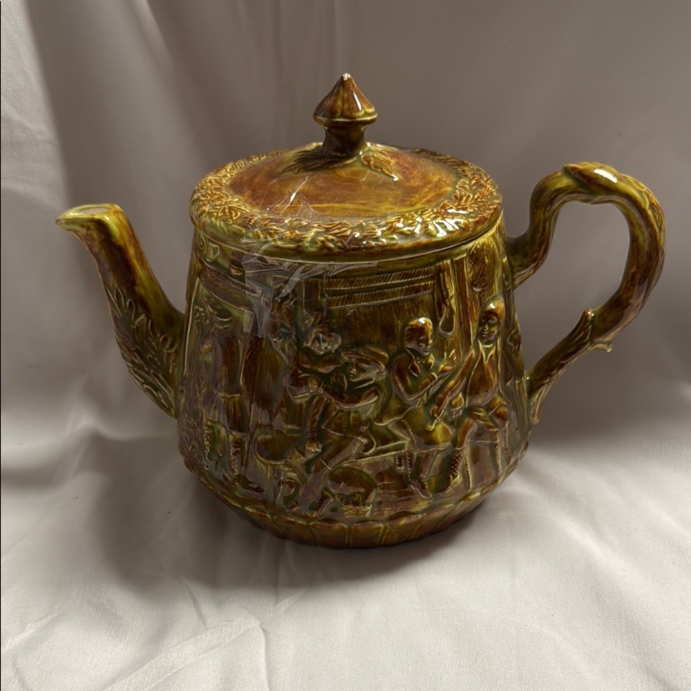 Intricate Brown and Tan Ceramic Art Teapot
